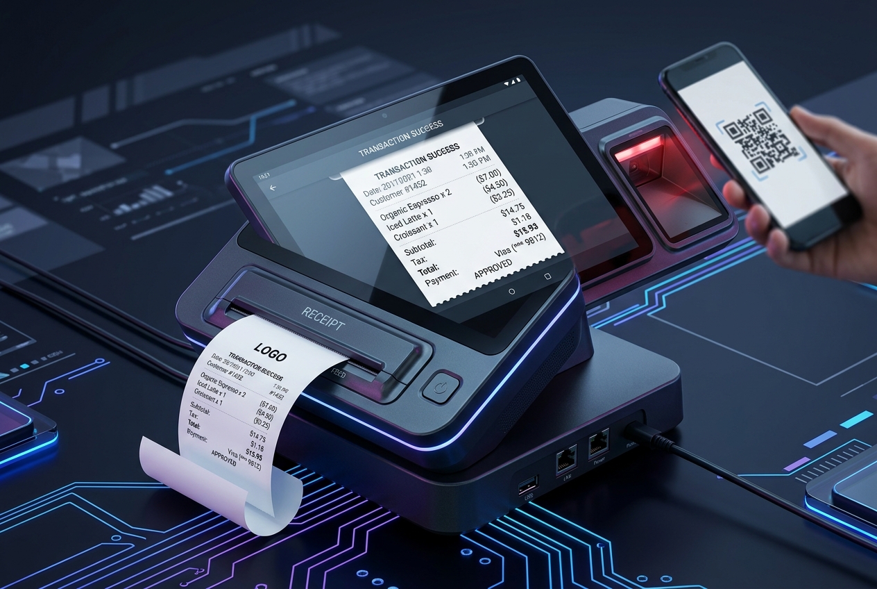 Terminal Android POS con pantalla táctil, lector QR e impresora térmica imprimiendo comprobante.
