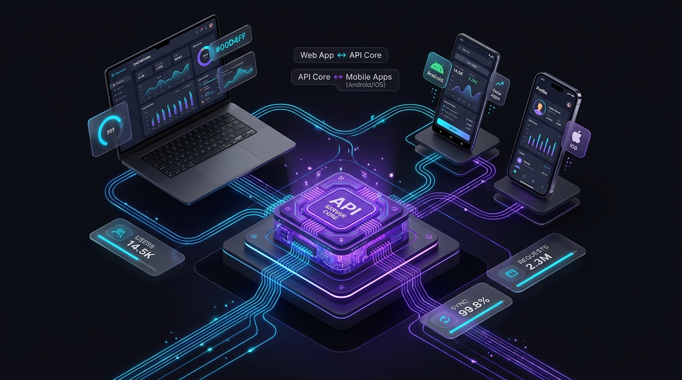 Ecosistema de desarrollo web y móvil conectado por APIs