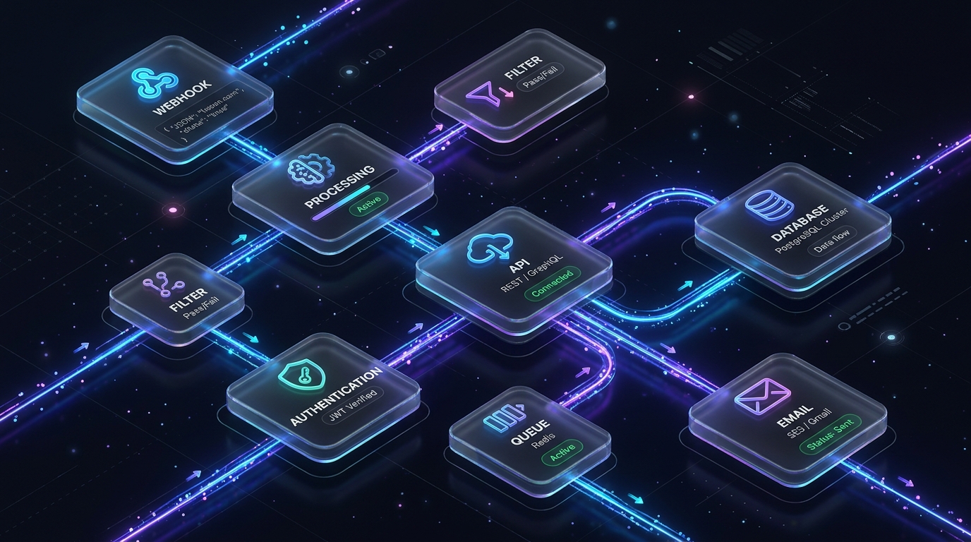 Flujo de automatización basado en nodos y webhooks